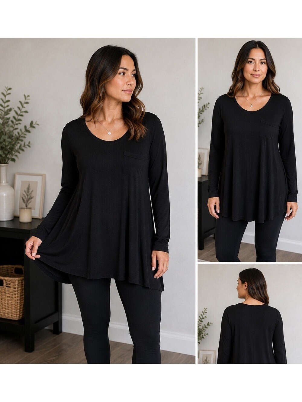 Soma Black Jersey Knit Tunic Top Large Lagenlook Goth Minimalist Long Sleeve